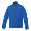 A blue packable jacket for men, featuring a zip front and contrasting details, with a branded logo.