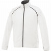 A white men's packable jacket featuring a black zipper and accents, with a logo on the chest.