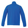 A men's packable jacket in bright blue with a logo, featuring a high collar and long sleeves.