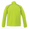 A packable men's jacket in bright lime green with a high collar and reflective details on the back.
