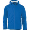A blue men's rain jacket with a hood, featuring a full zip and side pockets. It has a branding logo.
