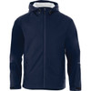 A men's rain jacket in navy, featuring a zip closure, hood, and side pockets with a logo.