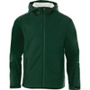 A men's rain jacket in dark green with a hood and zippers, featuring two front pockets and branding.