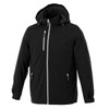 A black men's rain jacket with a hood and multiple zippered pockets, featuring a logo.