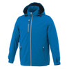 A blue men's rain jacket featuring a hood, zip closures, and pockets, with a logo on the chest.