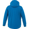 A blue men’s rain jacket with a hood, featuring a simple design and a logo on the back.
