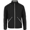 A black packable jacket with contrasting grey zippers and trim. Features a zip-up front and side pockets.