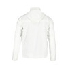 A white men's packable jacket featuring a hood and a logo on the back.