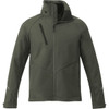 A men's softshell jacket in olive green, featuring a high collar and zippered chest pocket. It has a logo on the front.