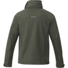 A men's softshell jacket in army green with a collar and a logo on the back.