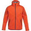 An orange softshell jacket with a hood and zippered pockets, featuring patterned sleeves and a branding logo.
