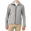 A men's softshell jacket in grey with a zipper front and side pockets, featuring a collar and a logo.