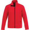 A red softshell jacket for men featuring a zip front and two side pockets. It has a collar and a branded logo.