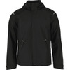 A black men's softshell jacket with a hood, featuring zippered pockets and reflective accents.