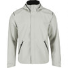A men's softshell jacket in light grey with zippered pockets and a hood, featuring a branding logo.