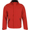 A red men's softshell jacket with a hood, featuring zippers and reflective detailing, and a logo on the chest.