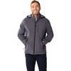 A grey softshell jacket for men featuring a hood and pockets, with a logo on the front.