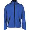 A blue men's softshell jacket featuring zippered pockets and a high collar, with a logo on the chest.