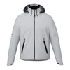 A light grey soft shell jacket with a hood, featuring zippered pockets and a logo on the chest.