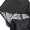 A black softshell jacket featuring a patterned interior and a hood, with a visible brand logo.