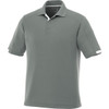 A men's short sleeve polo shirt in a muted green colour with contrasting white details and a logo.