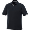 A black short sleeve polo shirt with contrasting white details and a logo on the chest.