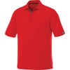 A red short sleeve polo shirt with a collar and contrasting grey accents, featuring a logo on the chest.