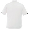 A white short sleeve polo shirt featuring a branded logo on the back.