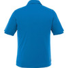 A men's short sleeve polo shirt in vibrant blue, featuring a collar and logo detailing on the back.