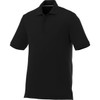 A black short sleeve polo shirt for men featuring a collar and three-button placket, with a logo on the chest.