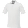 A short sleeve polo shirt in white, featuring a classic collar and three-button placket, with a small logo.