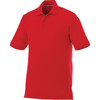 A red men's short sleeve polo shirt with a collar and three buttons, featuring a logo.