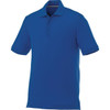 A blue men's short sleeve polo shirt with a collar and three-button placket. It features a logo on the chest.