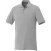 A grey short sleeve polo shirt with a collar and a logo on the chest.
