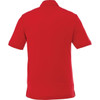 A red short sleeve polo shirt for men with a collar and side splits, featuring a logo.