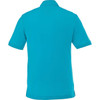 A men's short sleeve polo shirt in a bright turquoise colour, featuring a back view and a logo.