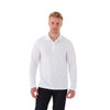 A long sleeve men's polo shirt in white, featuring a collar and a logo.