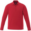 A long sleeve polo shirt in red, featuring a classic collar and buttons, with a logo on the chest.