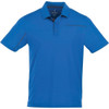 A blue short sleeve polo shirt with a logo and a subtle design detail on the chest.