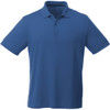 A blue short sleeve polo shirt for men with a collar and a logo on the chest.