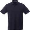 A short sleeve men's polo shirt in navy blue with a collar and three buttons, featuring a logo.
