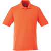 A short sleeve polo shirt in bright orange, featuring a collar and three-button placket. It has a logo on the chest.