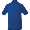 A blue men's polo shirt featuring a collar and short sleeves, with a logo on the back.