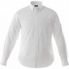 A white long sleeve button-up shirt with a pocket and a collar, featuring a logo on the label.