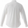 A white long-sleeve button-up shirt for men, featuring a plain back and buttoned cuffs. It has a logo on the fabric.
