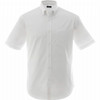 A short-sleeve men's button-up shirt in white, featuring a chest pocket and a logo.