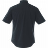 A black short-sleeve button-up shirt with a smooth finish and a back yoke design. It features a logo.