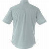 A short sleeve button-up shirt in a light green colour, featuring a back yoke and a collar. It has a logo.