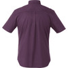 A back view of a men's short sleeve button-up shirt in a rich purple colour, featuring a subtle logo.