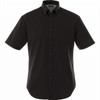 A black short sleeve button-up shirt for men featuring a pocket and a logo.